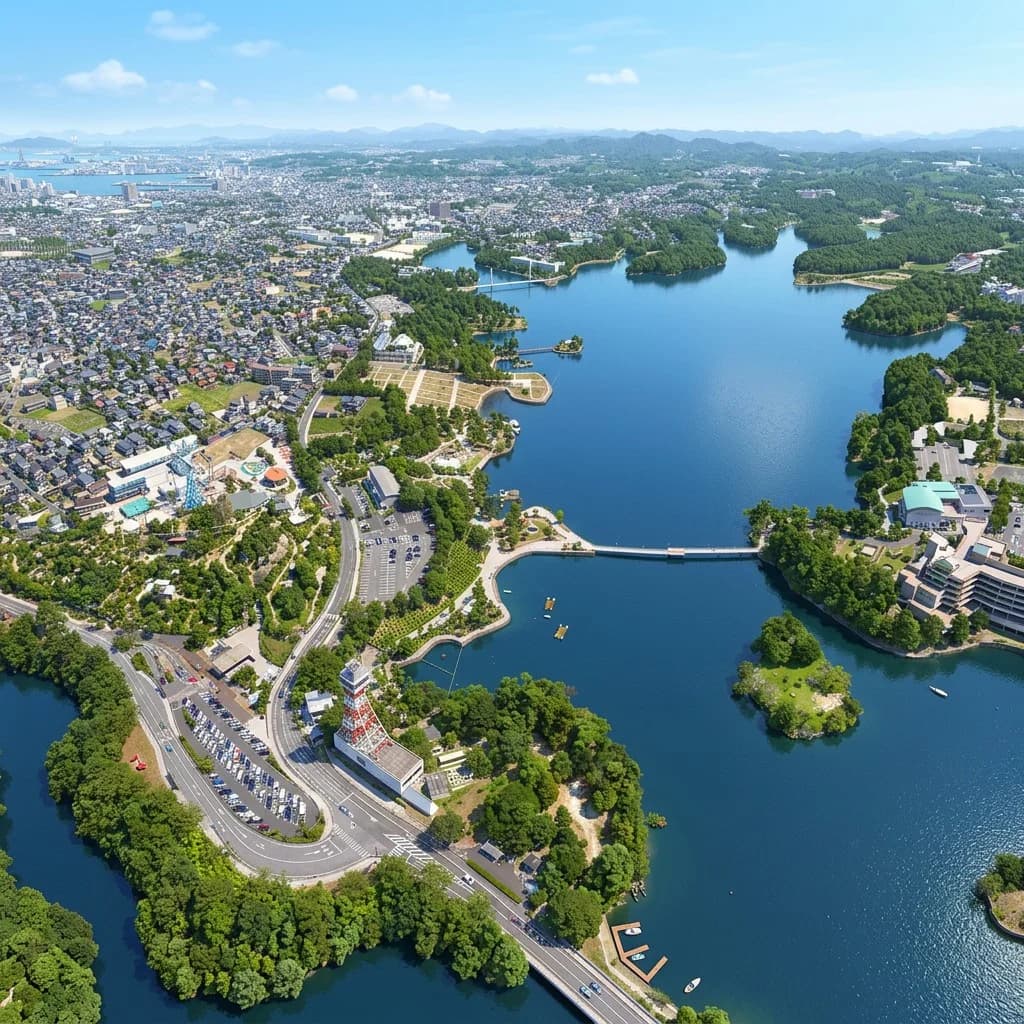 宇部市常盤公園と周辺の街並みの空撮